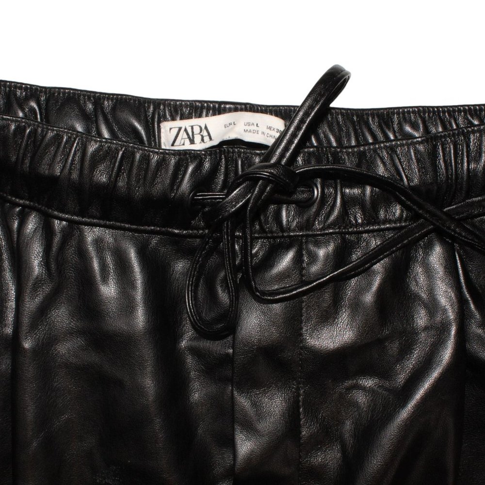 Zara Large Vegan Faux Leather Stretch Tie Waist Straight Leg Ankle Crop Pants - Picture 6 of 7